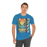 Blue crewneck graphic T-shirt with colorful panel and vertical typography print