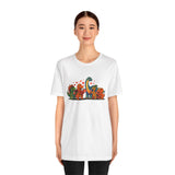 White crewneck T-shirt with colorful dinosaur Valentine graphic, front view