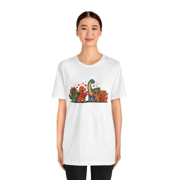 White crewneck T-shirt with colorful dinosaur Valentine graphic, front view