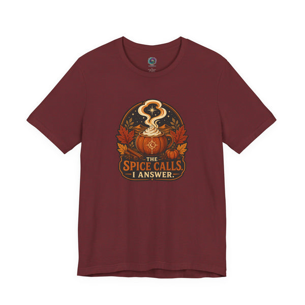 Burgundy crew-neck T-shirt with pumpkin-spice cauldron graphic
