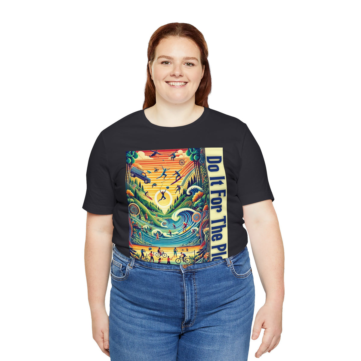 Black crew-neck T-shirt with colorful rectangular front graphic