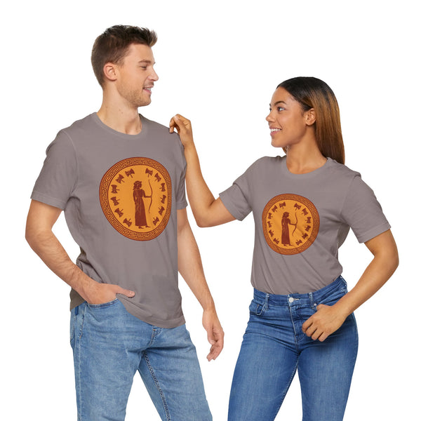 Heather gray crewneck t-shirt with orange circular goddess graphic on front