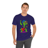 Dark purple crewneck T-shirt with green punk triceratops playing red electric guitar graphic