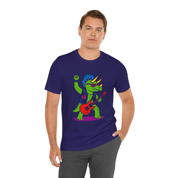 Dark purple crewneck T-shirt with green punk triceratops playing red electric guitar graphic