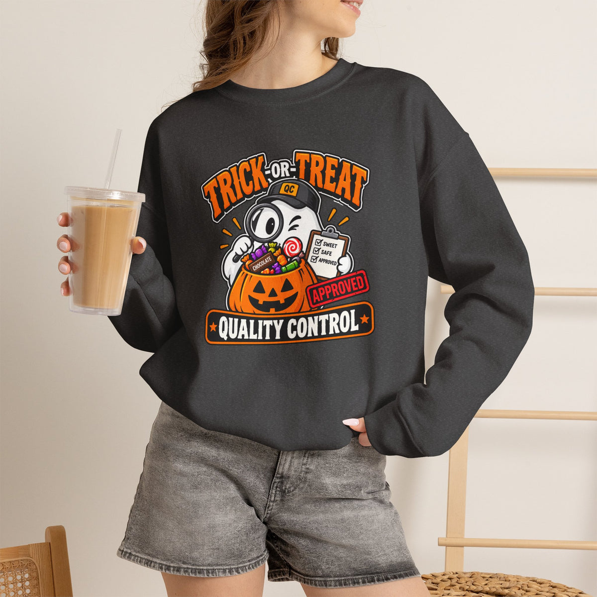 Trick-or-Treat Quality Control Sweatshirt – Funny Halloween Cozy Top