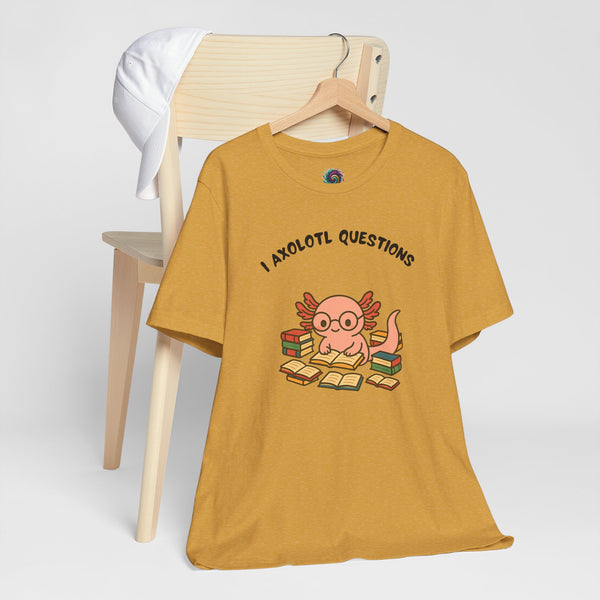Mustard crewneck T-shirt on hanger with axolotl reading books front print