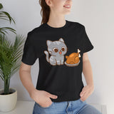 Black crew-neck t-shirt with cat and turkey graphic, worn in side profile