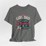 Heather gray t-shirt with small rainbow on upper back and “Girl Dad” graphic