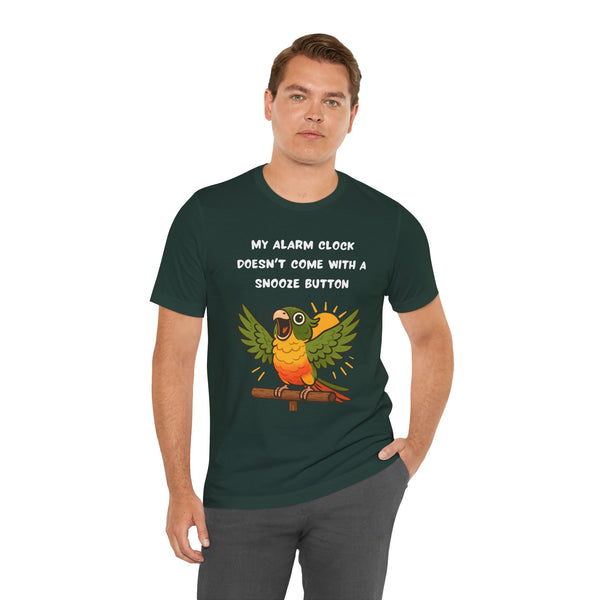Dark green parrot alarm T-shirt on male model, front slogan above bird illustration