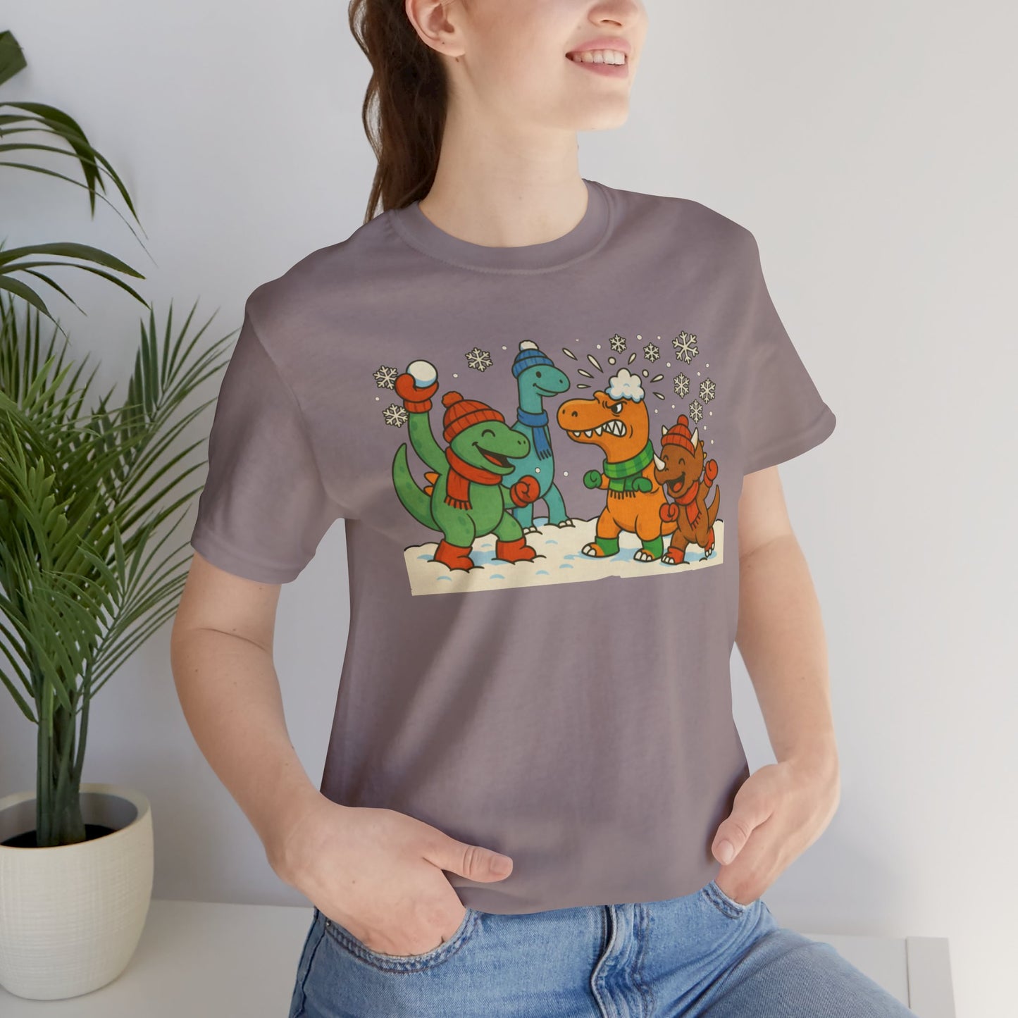 Dinosaur Snowball Fight T-Shirt – Funny Winter Dino Graphic Tee