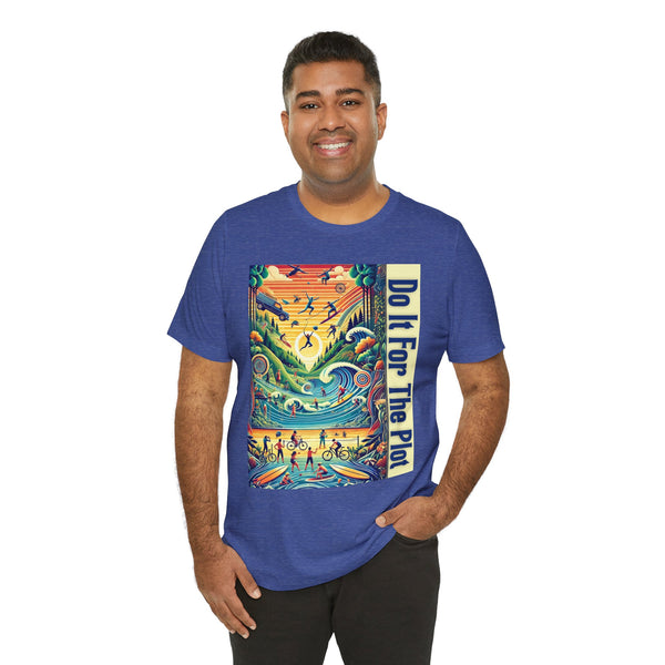 Royal blue T-shirt with colorful rectangular front graphic and vertical side text