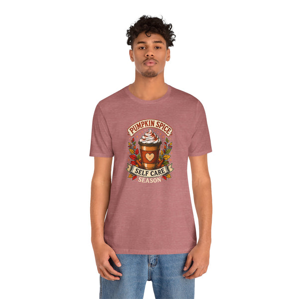 Rose crew-neck T-shirt with Pumpkin Spice Self Care Season graphic, casual front view.