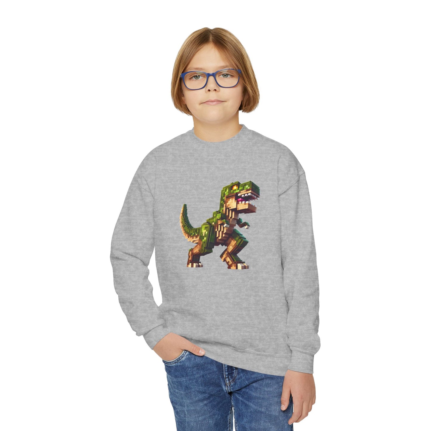 Pixel Dinosaur Youth Sweatshirt – Retro Pixel T-Rex Gamer Hoodie