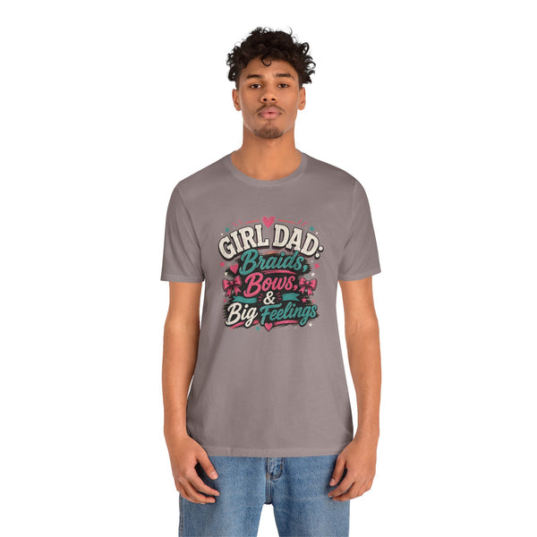 Heather gray t-shirt with “Girl Dad” braids, bows & big feelings graphic on front