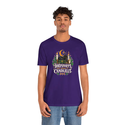 Introvert But Make It Candlelit T-shirt - Witchy Bookish Cat Tee
