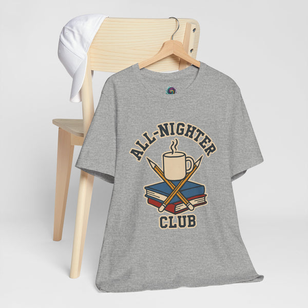 Heather gray crewneck T-shirt with All-Nighter Club coffee graphic