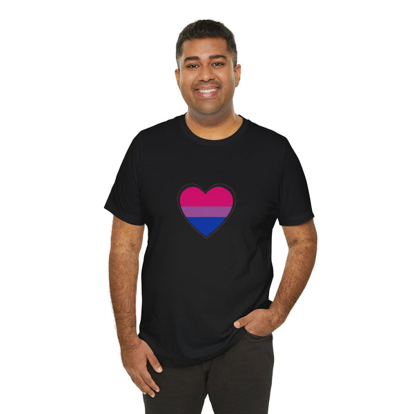 Black crew-neck T-shirt with bi pride heart graphic, worn by smiling model