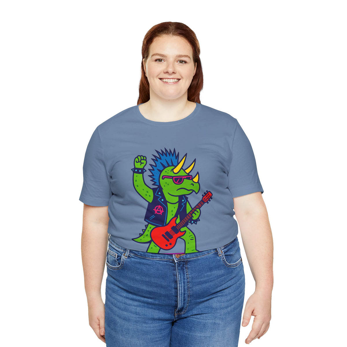 Steel blue crewneck T-shirt with colorful triceratops holding a red electric guitar
