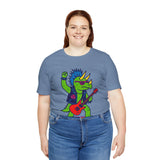 Steel blue crewneck T-shirt with colorful triceratops holding a red electric guitar