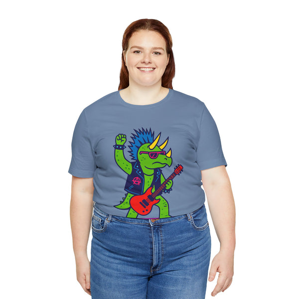 Steel blue crewneck T-shirt with colorful triceratops holding a red electric guitar