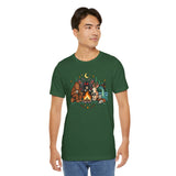 Evergreen green crewneck T-shirt with campfire cryptid scene graphic, front view