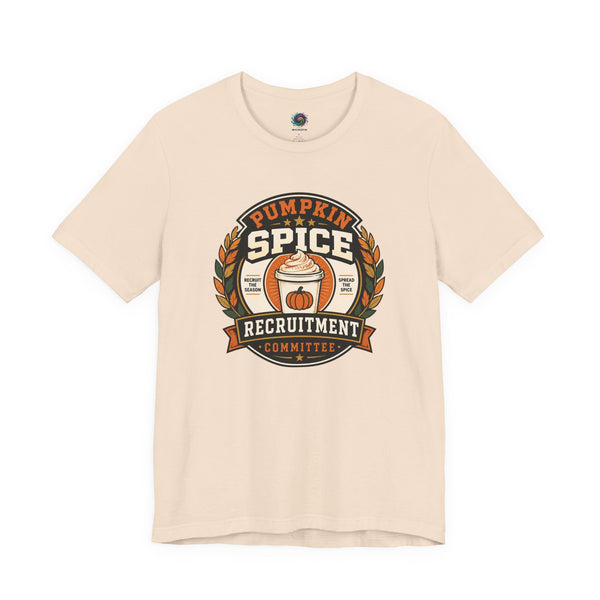 Soft cream crewneck t-shirt with pumpkin-spice themed badge graphic on the chest