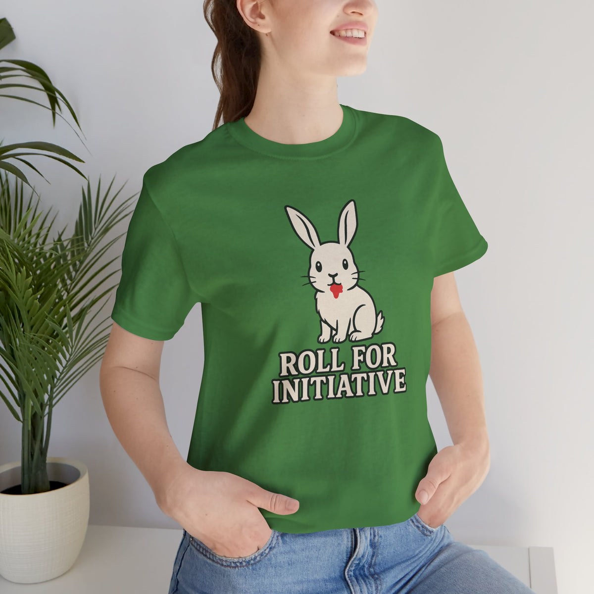 Green crewneck tee with bunny and 'Roll for Initiative' slogan on the front