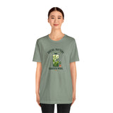 Sage green crew-neck T-shirt with “SOCIAL BATTERY” and “GARDEN MODE” print