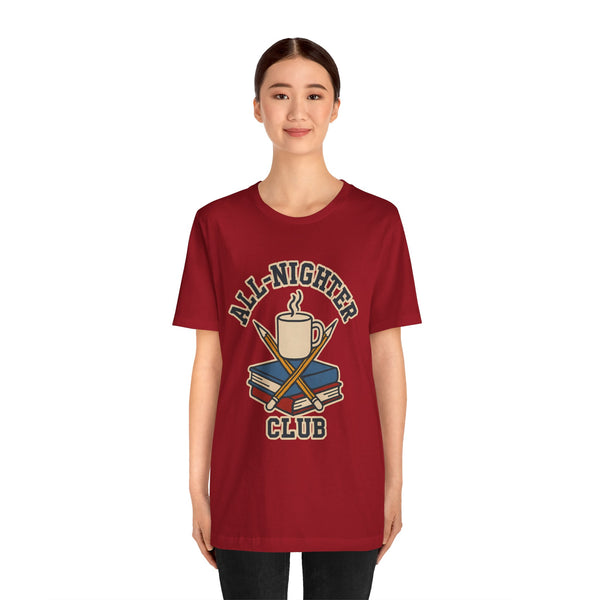Burgundy crewneck T-shirt with “All-Nighter Club” coffee-and-books graphic