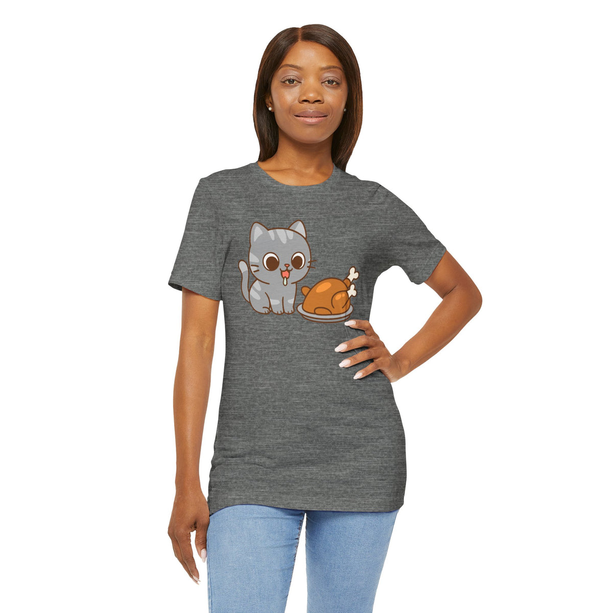 Heather gray crew-neck t-shirt with cat and turkey graphic, worn by model