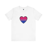 White bisexual pride heart graphic T-shirt with pink and blue heart design