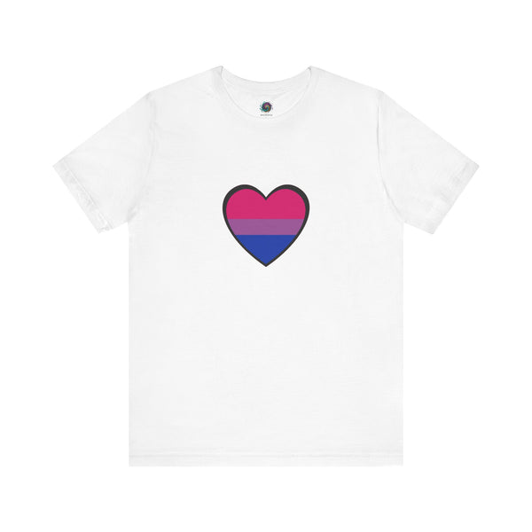 White bisexual pride heart graphic T-shirt with pink and blue heart design