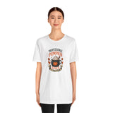 White crew-neck t-shirt featuring “Professional Pumpkin Spice Taster” pumpkin graphic