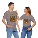 Gray crewneck T-shirt pair shown on models, with dragon and stacked books front print