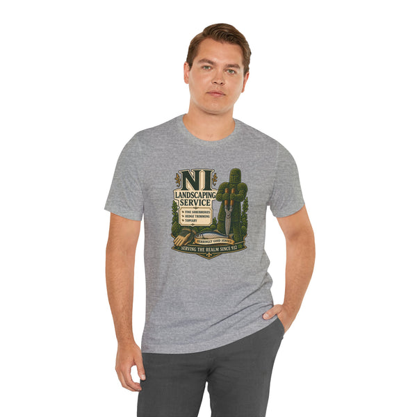 Heather gray graphic crewneck T-shirt with green shrub and cactus logo on chest