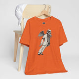 Orange short-sleeve T-shirt with front graphic of a character in a top hat