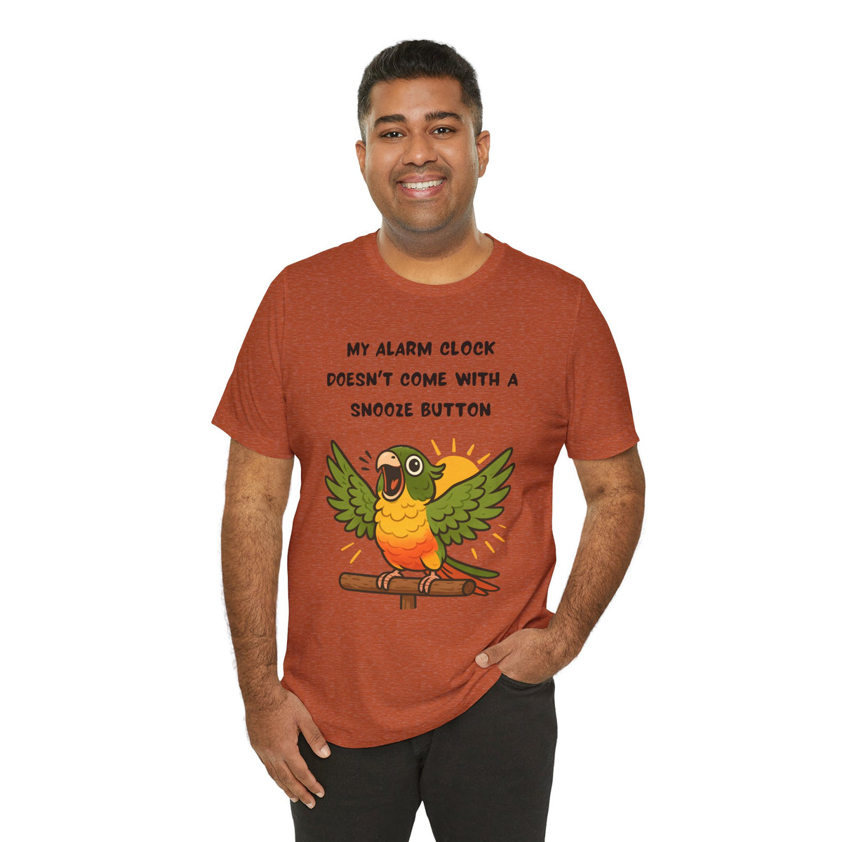 Rust parrot alarm graphic T-shirt with parrot wings and “MY ALARM CLOCK…SNOOZE BUTTON”.