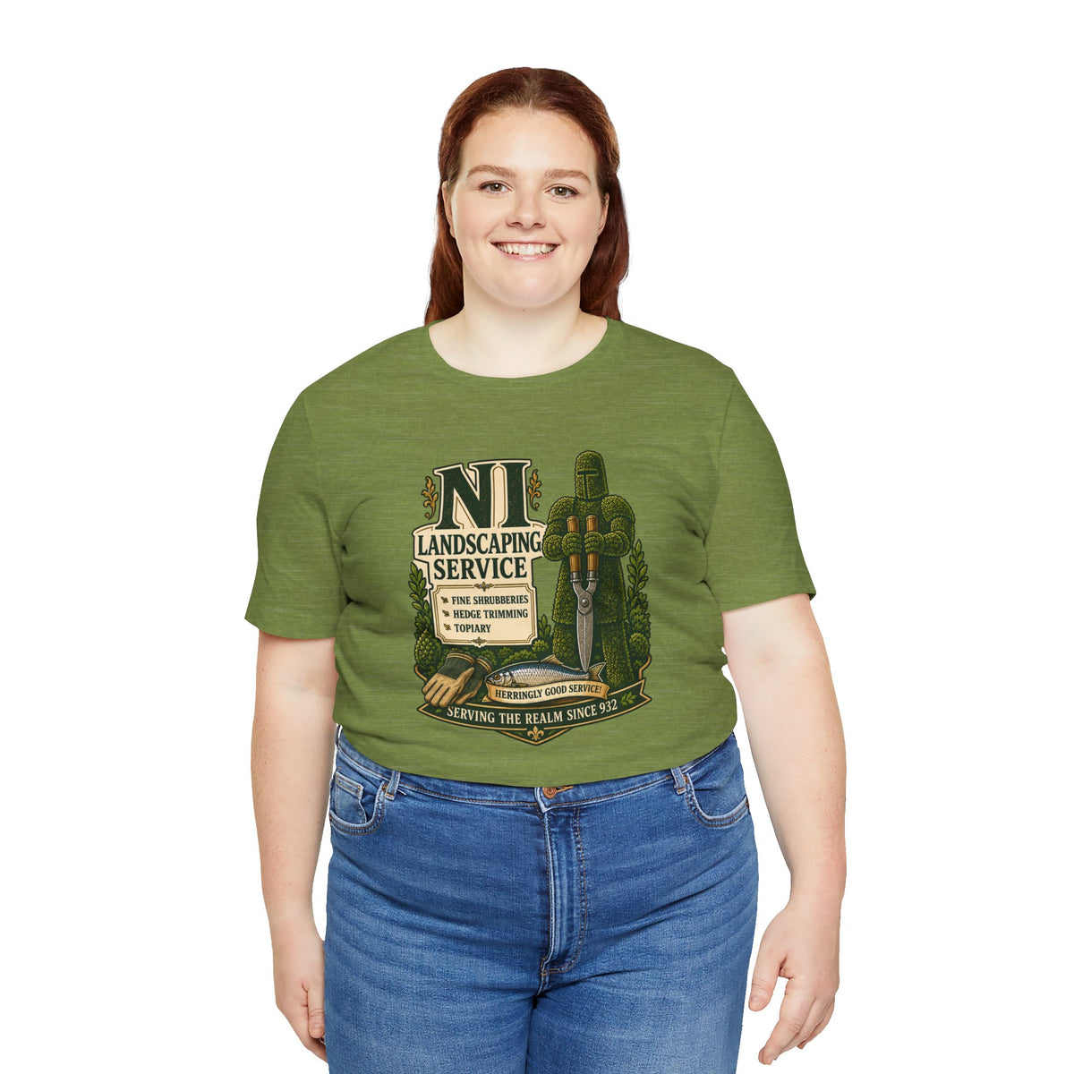Olive green crewneck T-shirt with front NL landscaping service emblem graphic