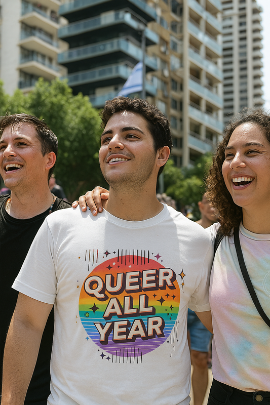 Queer All Year Tee – Retro Rainbow LGBTQ+ Graphic Shirt - WhimSpin