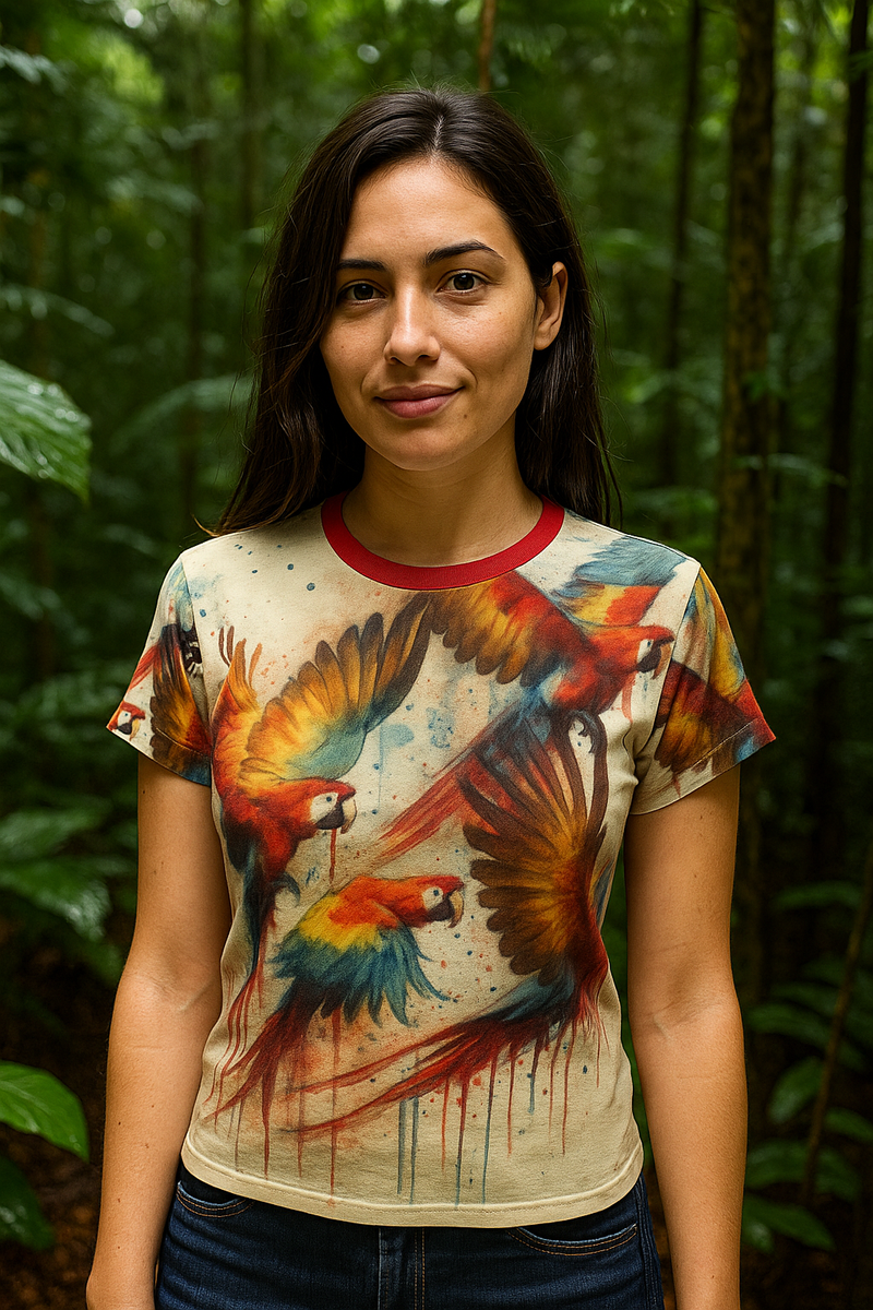 Tropical bird watercolor graphic T-shirt with red crew neck and colorful all-over print