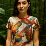 Tropical bird watercolor graphic T-shirt with red crew neck and colorful all-over print