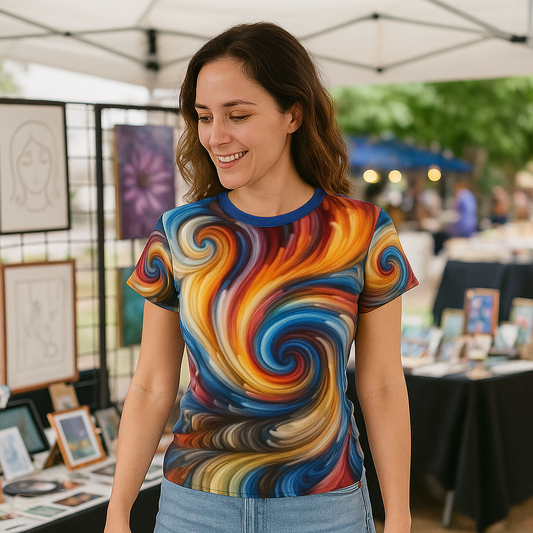 Color Storm Swirl Tee – All-Over Rainbow Brushstroke Women’s Shirt