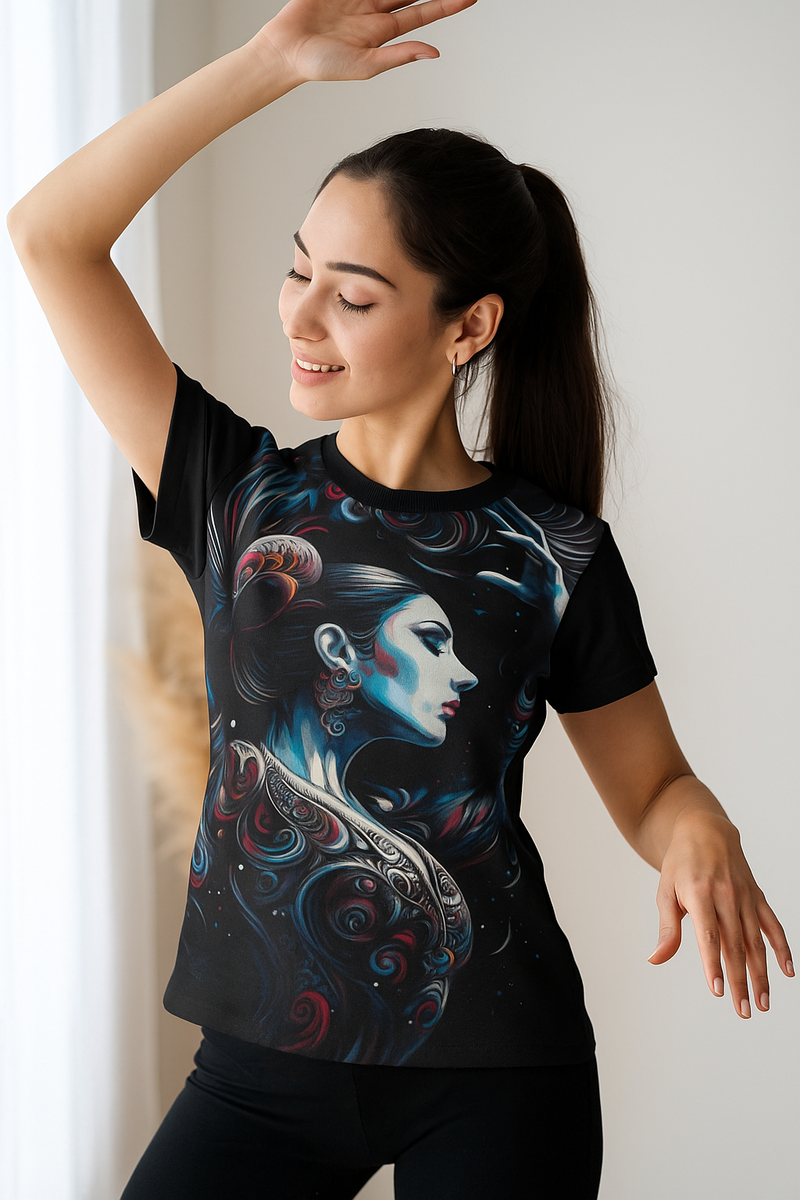 Black graphic t-shirt with colorful blue face illustration, short sleeves and crew neckline