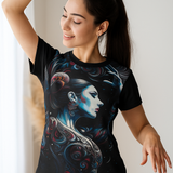 Black graphic t-shirt with colorful blue face illustration, short sleeves and crew neckline