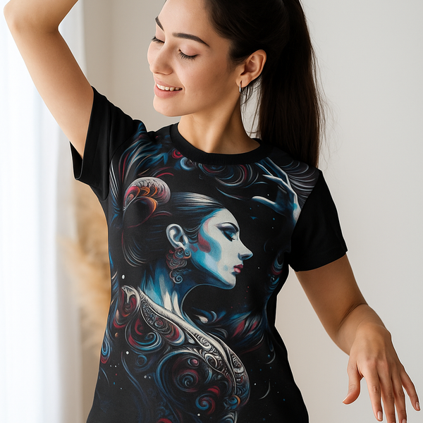 Black graphic t-shirt with colorful blue face illustration, short sleeves and crew neckline