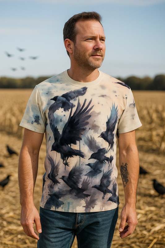 Watercolor Crow Flock T-Shirt – Gothic Raven Flight All-Over Art Tee - WhimSpin - https://whimspin.com
