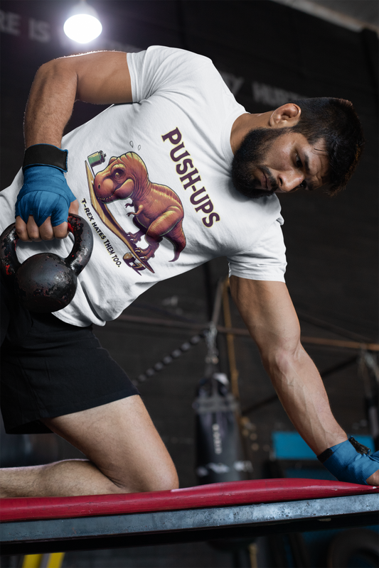 T-Rex Push-Up Graphic Tee – Funny Dinosaur Workout Graphic Shirt - WhimSpin - https://whimspin.com