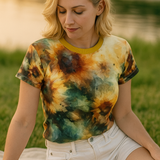 Women’s watercolor floral print T-shirt with yellow crew neck trim and short sleeves