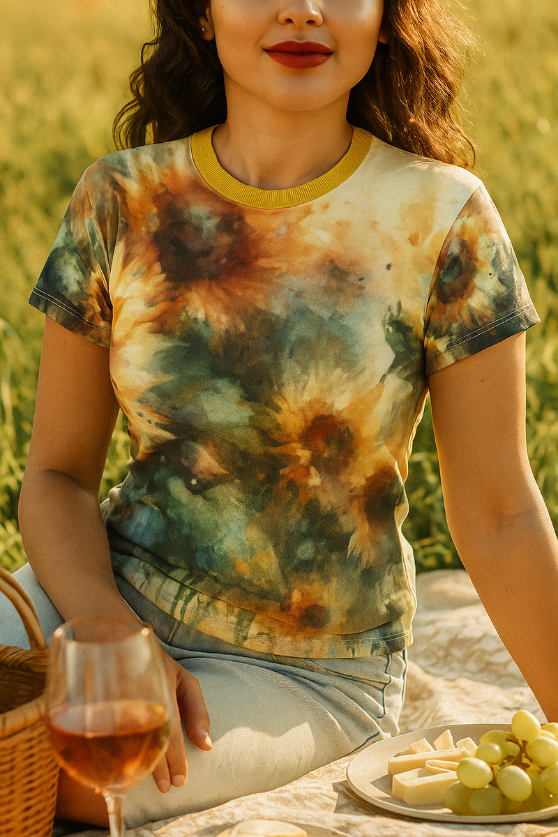Women’s watercolor floral print T-shirt with yellow crew neck trim and short sleeves