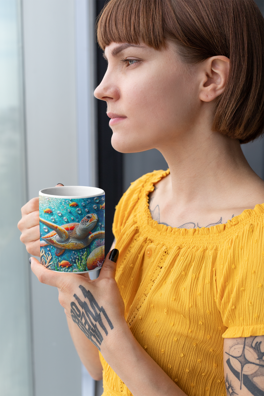 Ocean Mosaic Turtle Mug – Artistic Sea Life Coffee Cup - WhimSpin - https://whimspin.com